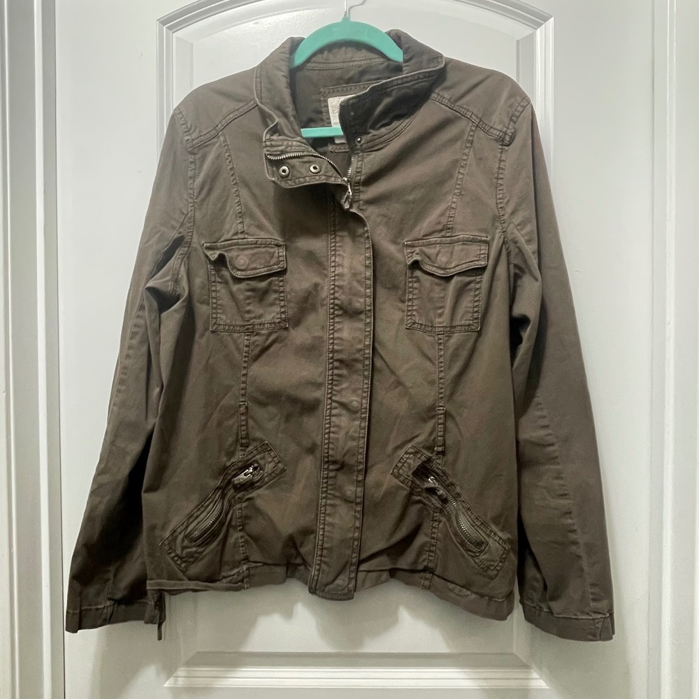 Sonoma Life Style Utility Jacket Khaki Green Cargo Pocket Zipper Detail Women XL